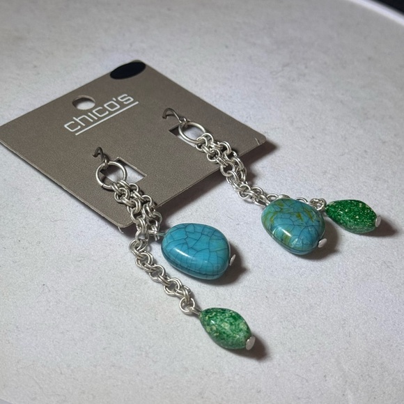 Chico’s Silver Tone Dangling Faux Aquamarine Earrings 3 inch approx - Picture 8 of 8